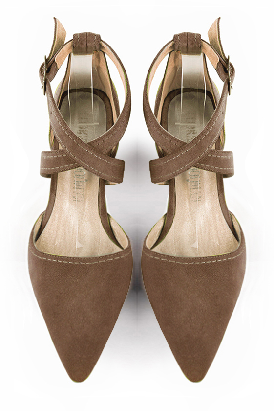 Chocolate brown women's open side shoes, with crossed straps. Tapered toe. Low flare heels. Top view - Florence KOOIJMAN